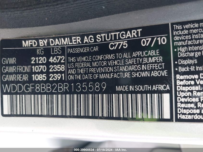 2011 Mercedes-Benz C 300 VIN: WDDGF8BB2BR135589 Lot: 39900534