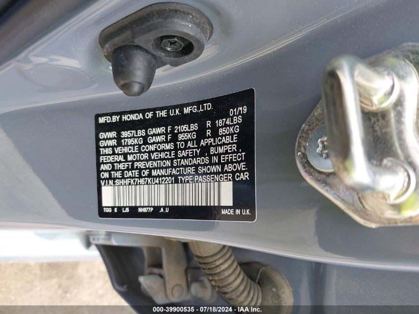2019 Honda Civic Ex VIN: SHHFK7H67KU412201 Lot: 39900535