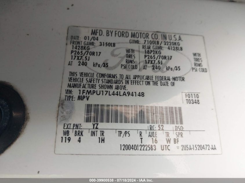 2004 Ford Expedition Eddie Bauer VIN: 1FMPU17L44LA94148 Lot: 39900538