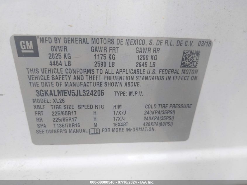 2018 GMC Terrain Sle VIN: 3GKALMEV5JL324206 Lot: 39900540