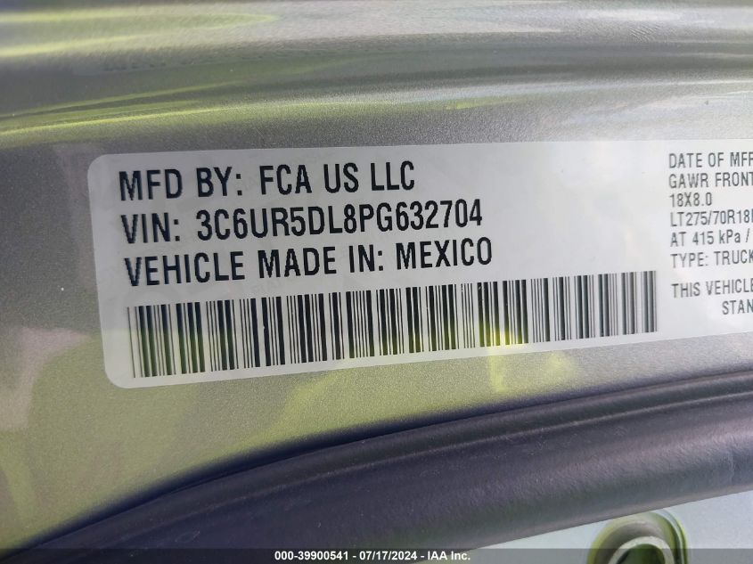 2023 Ram 2500 Big Horn 4X4 6'4 Box VIN: 3C6UR5DL8PG632704 Lot: 39900541