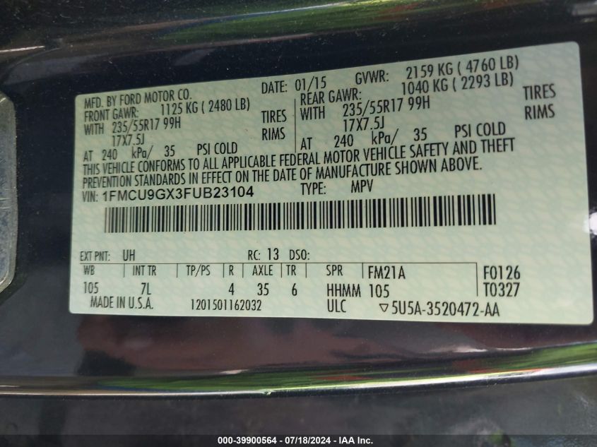 2015 Ford Escape Se VIN: 1FMCU9GX3FUB23104 Lot: 39900564