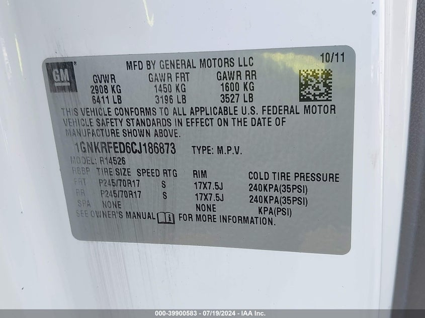 2012 Chevrolet Traverse Ls VIN: 1GNKRFED6CJ186873 Lot: 39900583