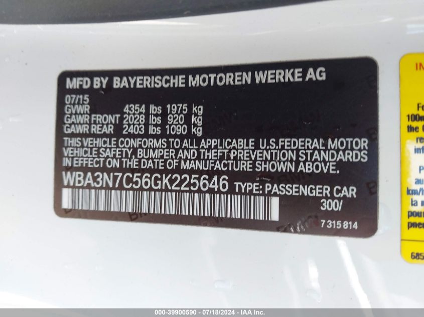 2016 BMW 428I VIN: WBA3N7C56GK225646 Lot: 39900590