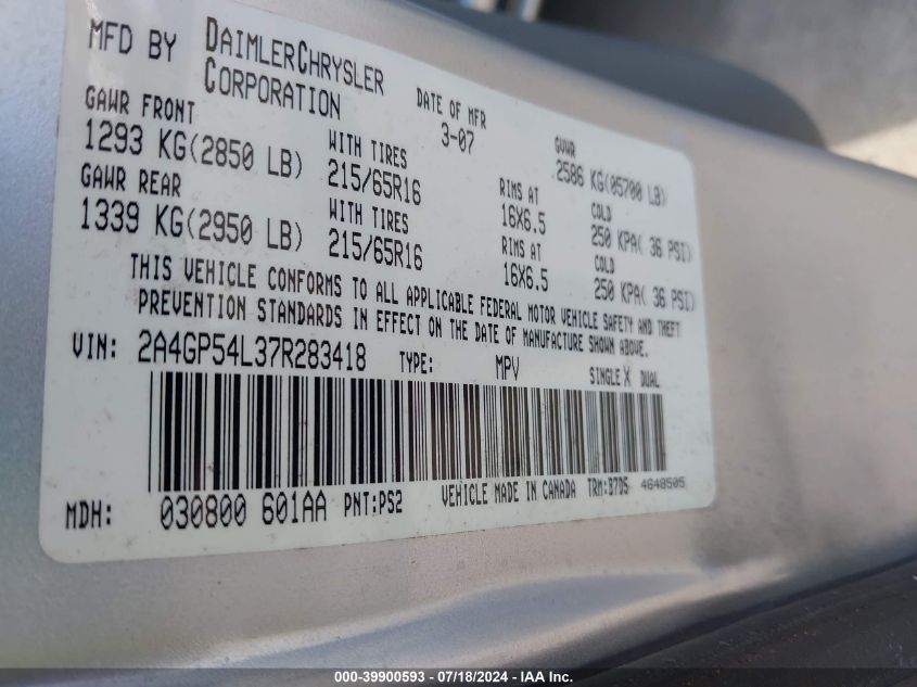 2007 Chrysler Town & Country Touring VIN: 2A4GP54L37R283418 Lot: 39900593