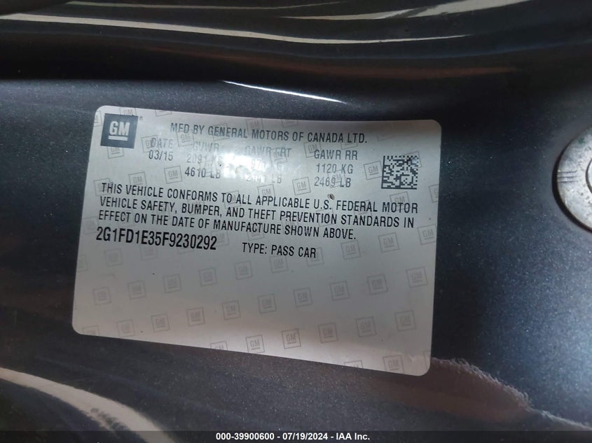 2015 Chevrolet Camaro 1Lt VIN: 2G1FD1E35F9230292 Lot: 39900600