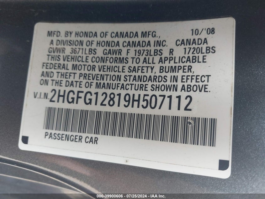 2009 Honda Civic Ex VIN: 2HGFG12819H507112 Lot: 39900606