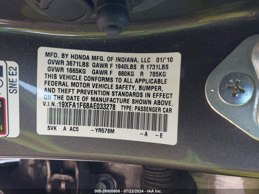 2010 Honda Civic Lx-S VIN: 19XFA1F68AE033278 Lot: 39900608