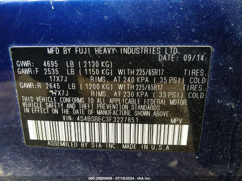 2015 Subaru Outback 2.5I Premium VIN: 4S4BSBEC3F3227851 Lot: 39900609