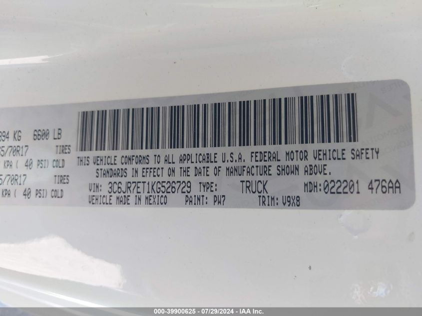 2019 Ram 1500 Classic Slt Regular Cab 4X4 8' Box VIN: 3C6JR7ET1KG526729 Lot: 39900625
