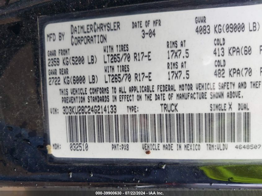 2004 Dodge Ram 2500 Slt/Laramie VIN: 3D3KU28C24G214133 Lot: 39900630