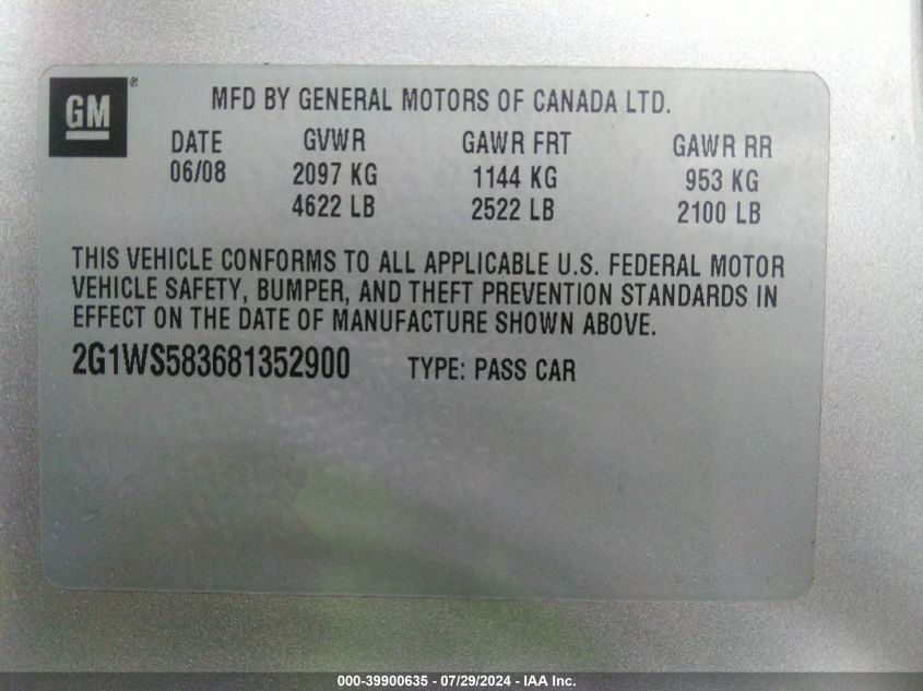 2008 Chevrolet Impala Police VIN: 2G1WS583681352900 Lot: 39900635