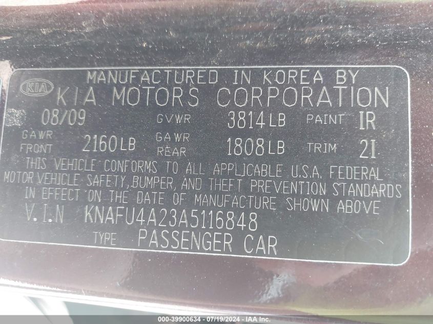 2010 Kia Forte Ex VIN: KNAFU4A23A5116848 Lot: 39900634