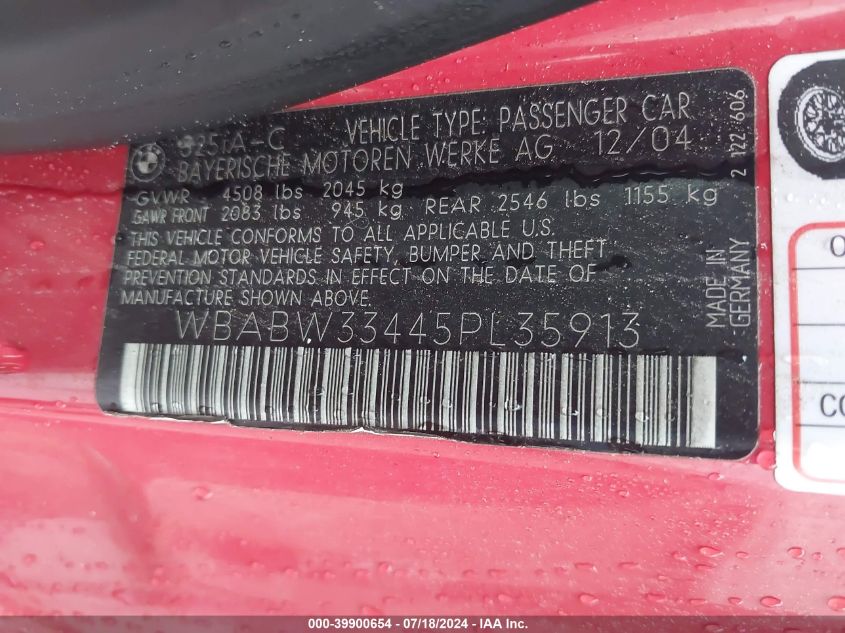 2005 BMW 325 Ci VIN: WBABW33445PL35913 Lot: 39900654