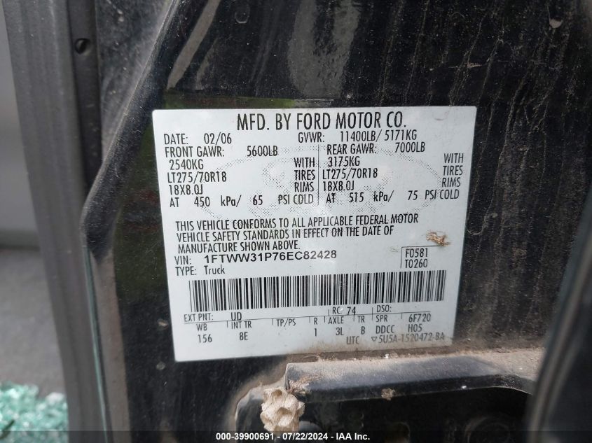 2006 Ford F-350 Lariat/Xl/Xlt VIN: 1FTWW31P76EC82428 Lot: 39900691