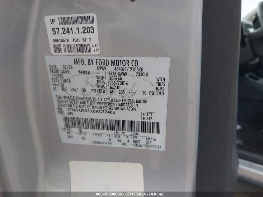 2006 Ford Escape Xlt/Xlt Sport VIN: 1FMYU931X6KC72466 Lot: 39900699