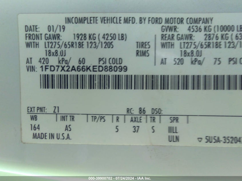 2019 Ford F-250 Xl VIN: 1FD7X2A66KED88099 Lot: 39900702