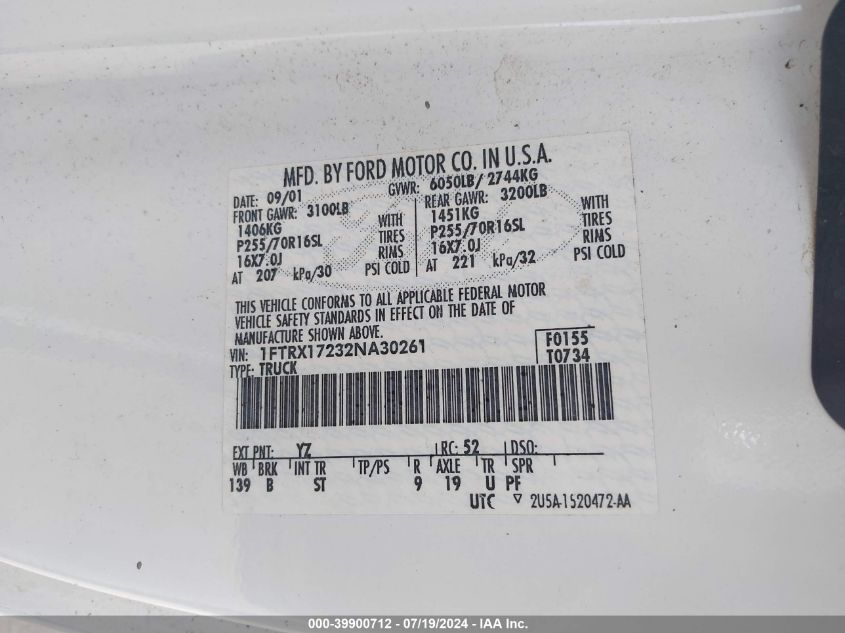 2002 Ford F-150 Xl/Xlt VIN: 1FTRX17232NA30261 Lot: 39900712