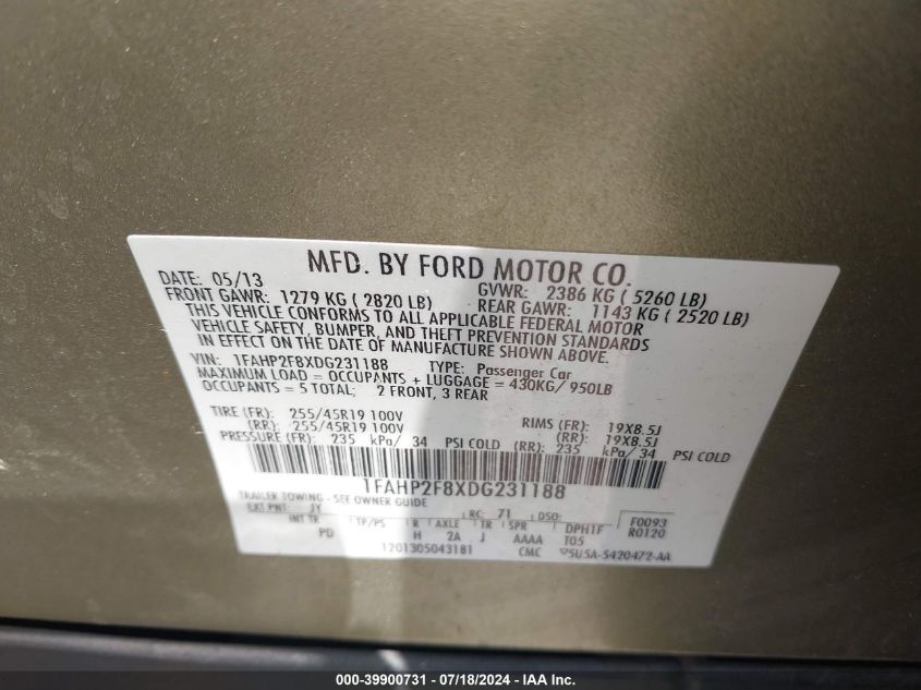 2013 Ford Taurus Limited VIN: 1FAHP2F8XDG231188 Lot: 39900731