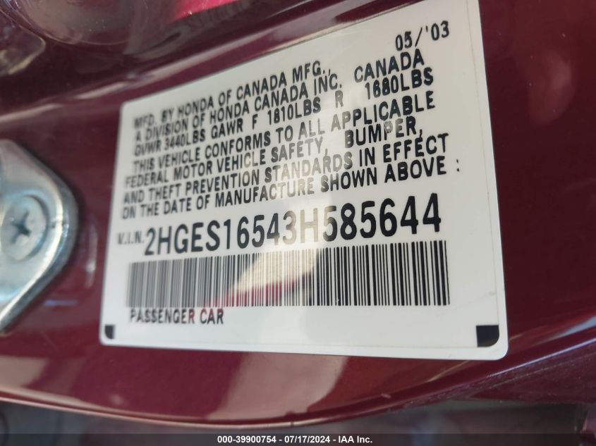 2003 Honda Civic Lx VIN: 2HGES16543H585644 Lot: 39900754