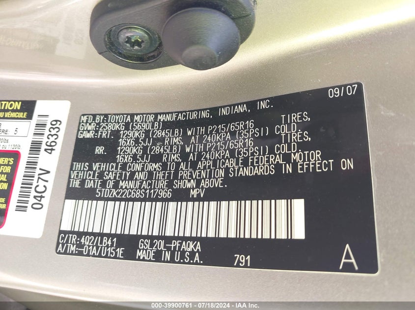 2008 Toyota Sienna Xle VIN: 5TDZK22C68S117966 Lot: 39900761