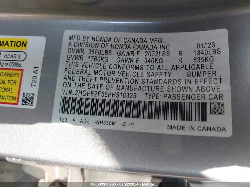 2023 HONDA CIVIC 2.0L I-4 DI, DOHC, V(VIN: 2HGFE2F56PH518325