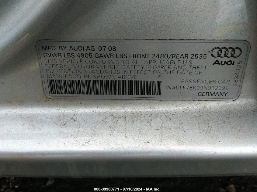 2009 Audi A4 2.0T Premium VIN: WAULF78K29N012996 Lot: 39900771
