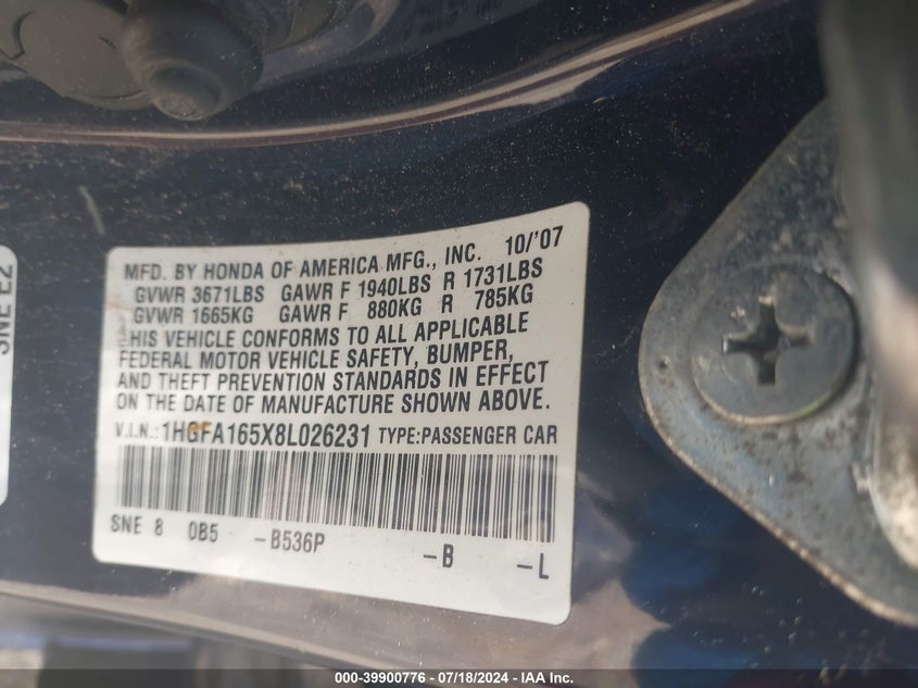 2008 Honda Civic Sdn Lx VIN: 1HGFA165X8L026231 Lot: 39900776
