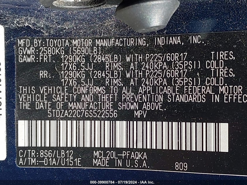 2006 Toyota Sienna Xle/Xle Limited VIN: 5TDZA22C76S522556 Lot: 39900784