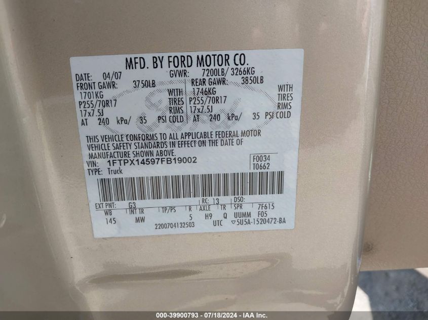 2007 Ford F-150 Fx4/Lariat/Xl/Xlt VIN: 1FTPX14597FB19002 Lot: 39900793