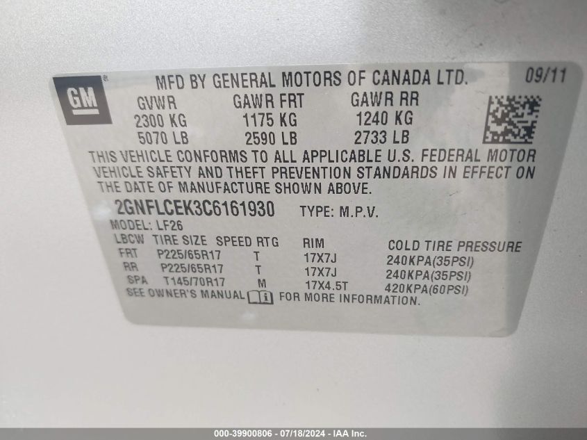 2012 Chevrolet Equinox Ls VIN: 2GNFLCEK3C6161930 Lot: 39900806