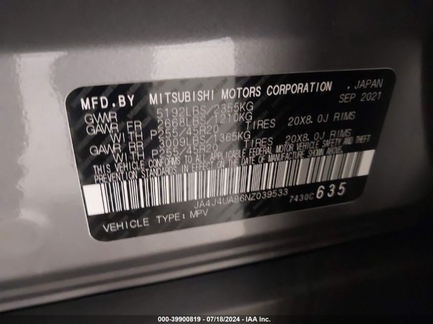 2022 Mitsubishi Outlander Black Edition S-Awc/Se 2.5 S-Awc/Se Launch Edition S-Awc VIN: JA4J4UA86NZ039533 Lot: 39900819