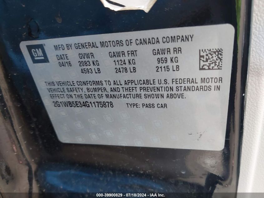 2016 Chevrolet Impala Limited Lt VIN: 2G1WB5E34G1175878 Lot: 39900829