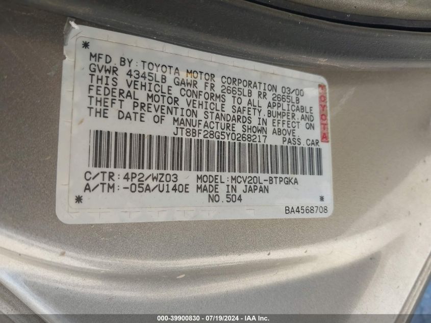 2000 Lexus Es 300 300 VIN: JT8BF28G5Y0268217 Lot: 39900830