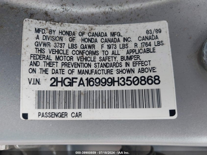 2009 Honda Civic Ex-L VIN: 2HGFA16999H350868 Lot: 39900859