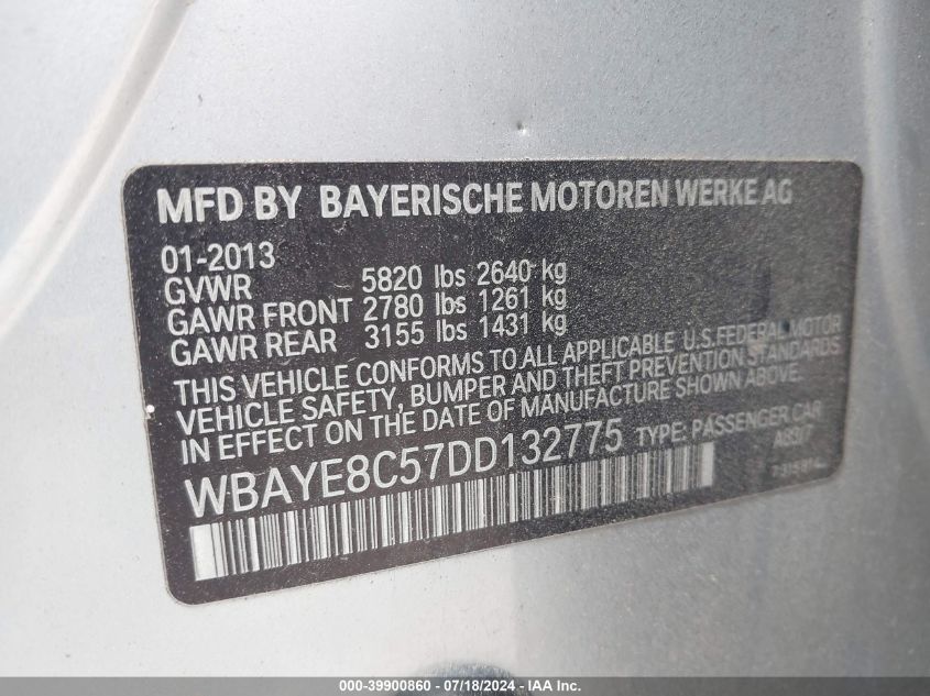 2013 BMW 750Li VIN: WBAYE8C57DD132775 Lot: 39900860