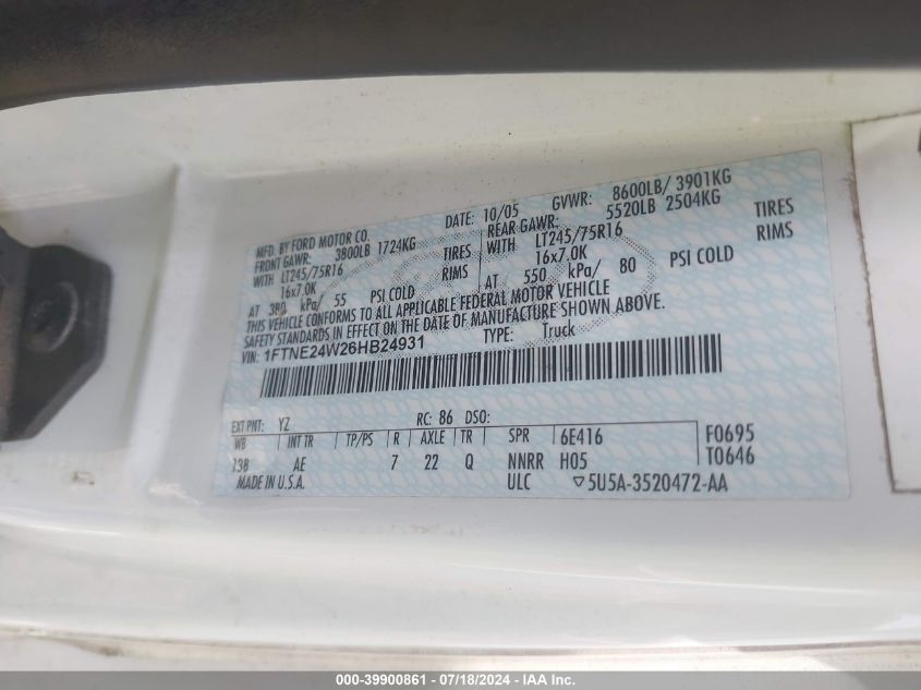 2006 Ford E-250 Commercial/Recreational VIN: 1FTNE24W26HB24931 Lot: 39900861