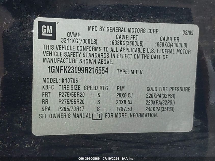 2009 Chevrolet Tahoe Lt2 VIN: 1GNFK23099R216554 Lot: 39900869
