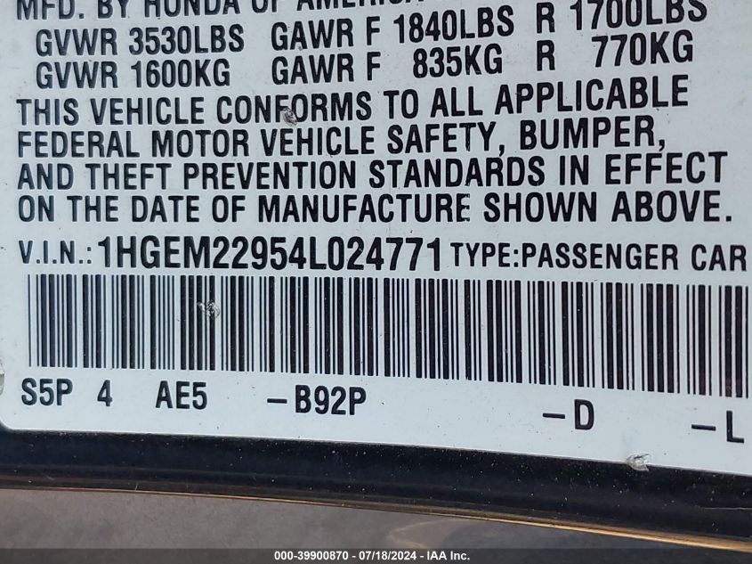 2004 Honda Civic Ex VIN: 1HGEM22954L024771 Lot: 39900870