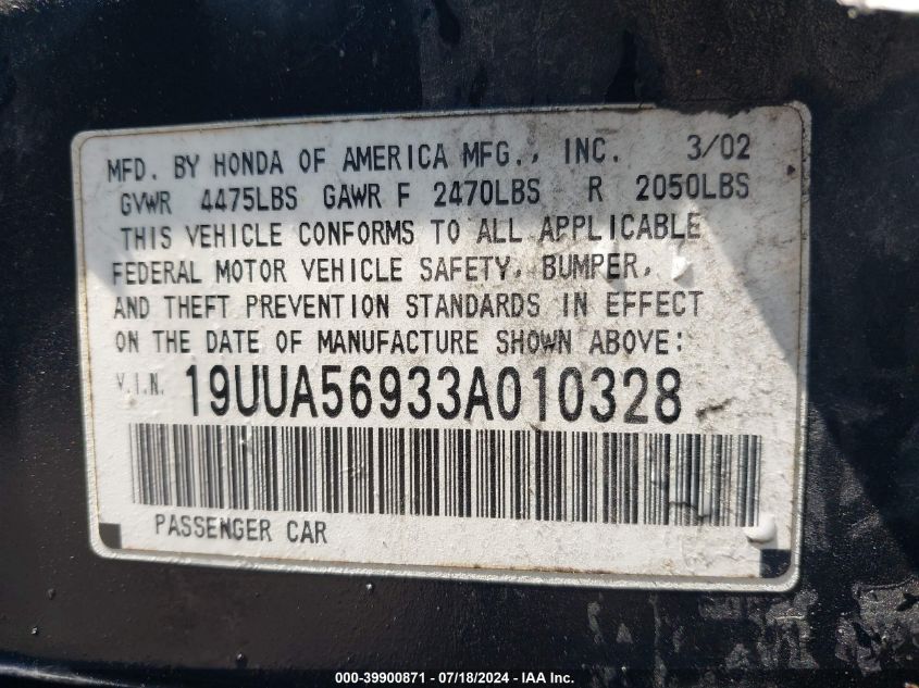 2003 Acura Tl 3.2 Type S VIN: 19UUA56933A010328 Lot: 39900871