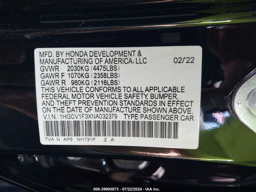 1HGCV1F3XNA032379 2022 Honda Accord Sport