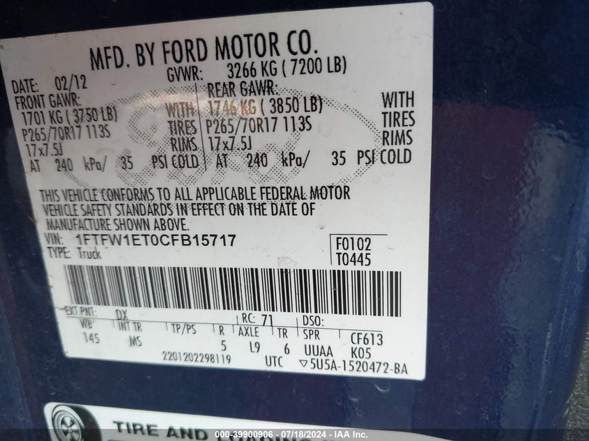 2012 Ford F-150 Xlt VIN: 1FTFW1ET0CFB15717 Lot: 39900906