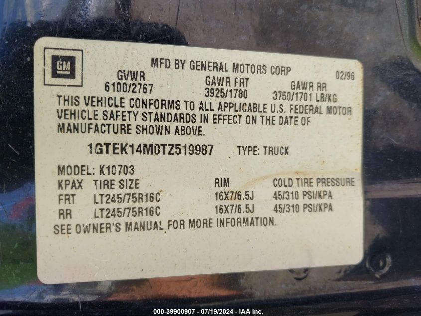 1996 GMC Sierra K1500 VIN: 1GTEK14M0TZ519987 Lot: 39900907