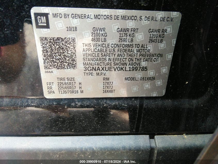 2019 Chevrolet Equinox Lt VIN: 3GNAXUEV0KL199785 Lot: 39900910