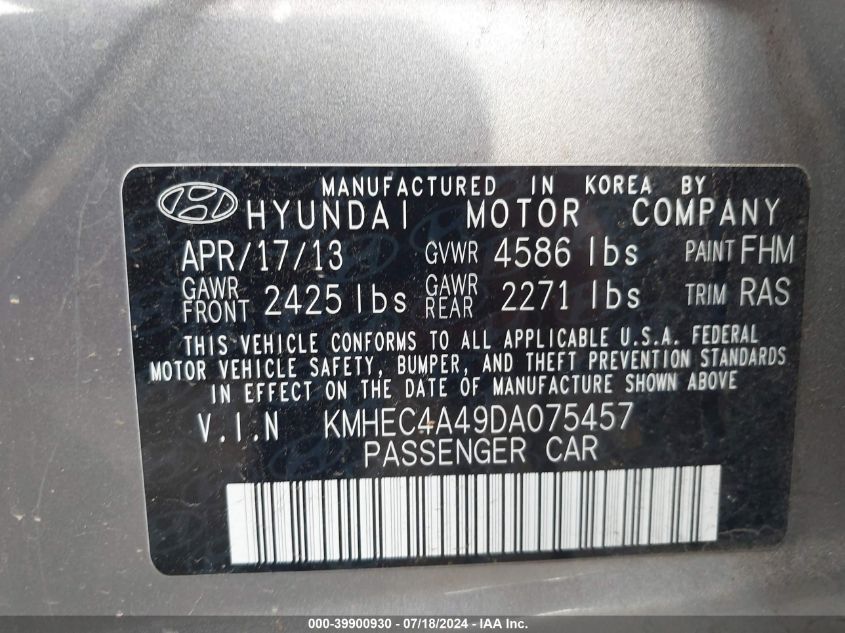 2013 Hyundai Sonata Hybrid Limited VIN: KMHEC4A49DA075457 Lot: 39900930