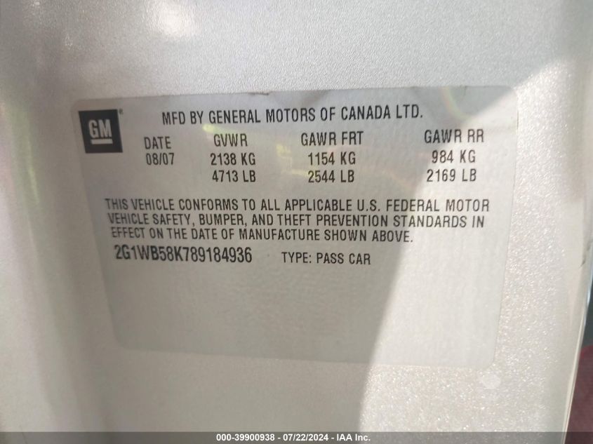 2008 Chevrolet Impala Ls VIN: 2G1WB58K789184936 Lot: 39900938