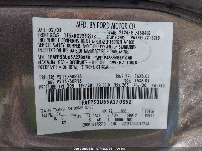 2005 Ford Taurus Se VIN: 1FAFP53U65A270858 Lot: 39900946