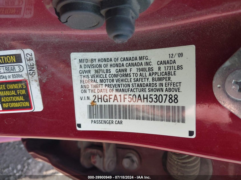 2010 Honda Civic Lx VIN: 2HGFA1F50AH530788 Lot: 39900949