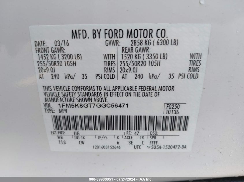 2016 Ford Explorer Sport VIN: 1FM5K8GT7GGC56471 Lot: 39900951