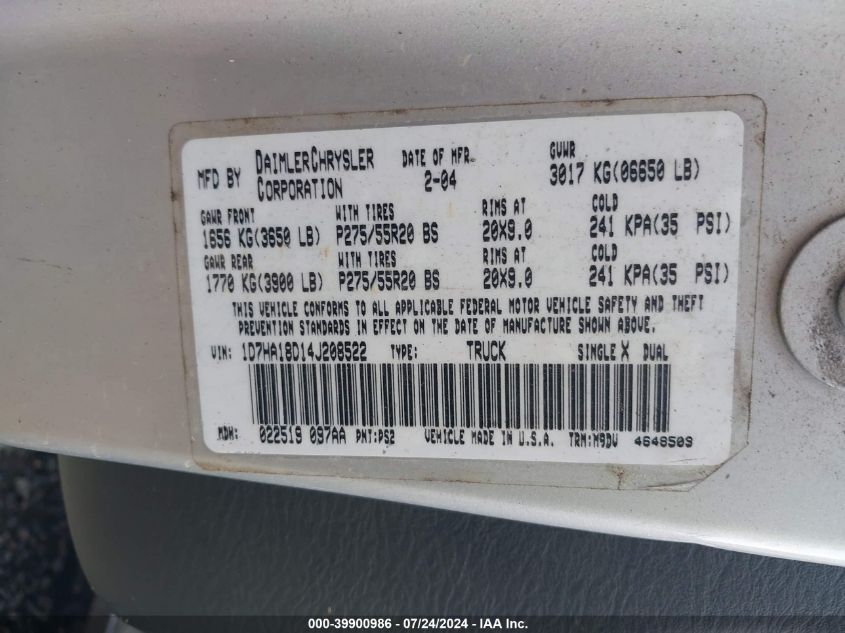 2004 Dodge Ram 1500 Slt/Laramie VIN: 1D7HA18D14J208522 Lot: 39900986